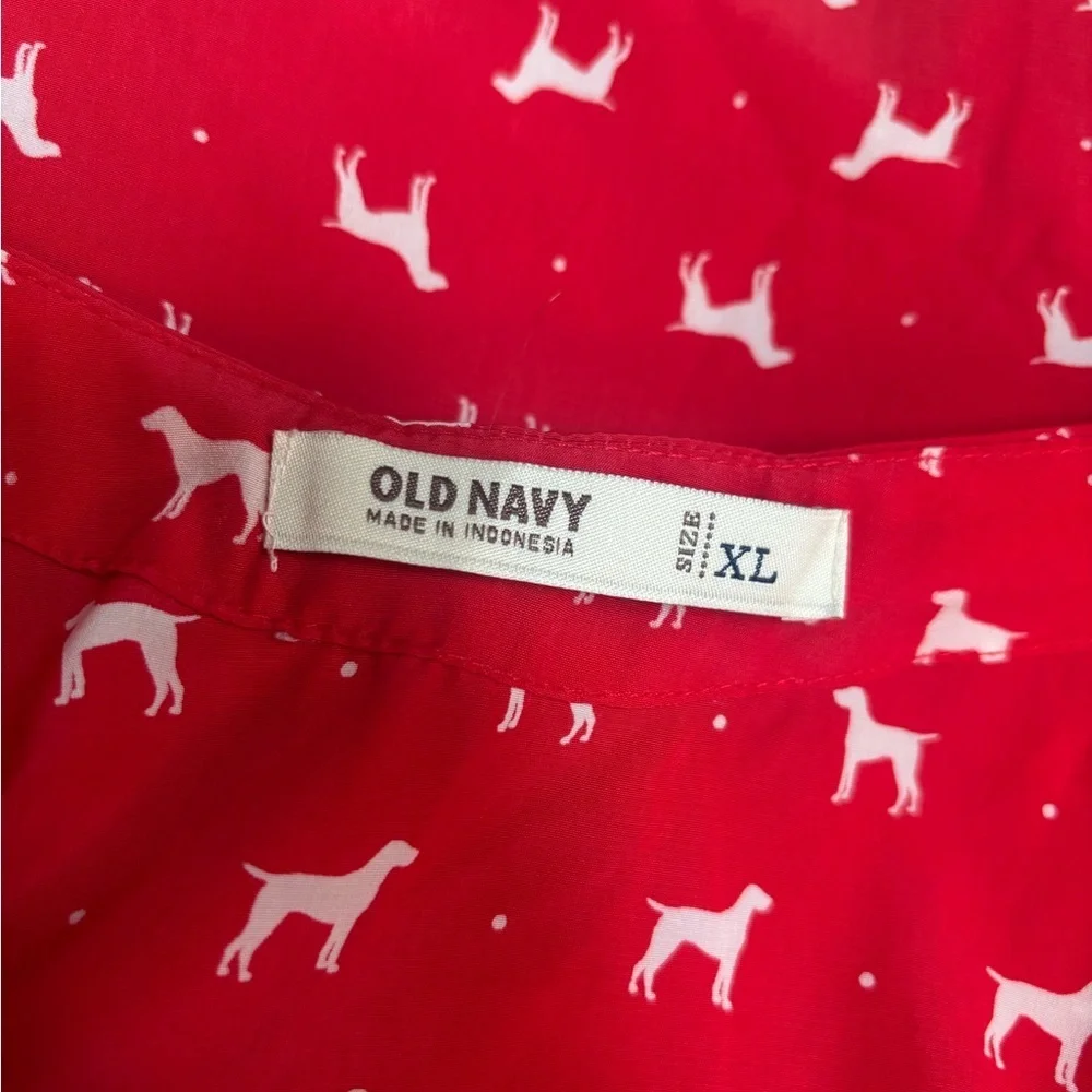 DOG PRINT OLD NAVY RED & WHITE BLOUSE SHORT PUFF SLEEVE BOW TOP SIZE XL